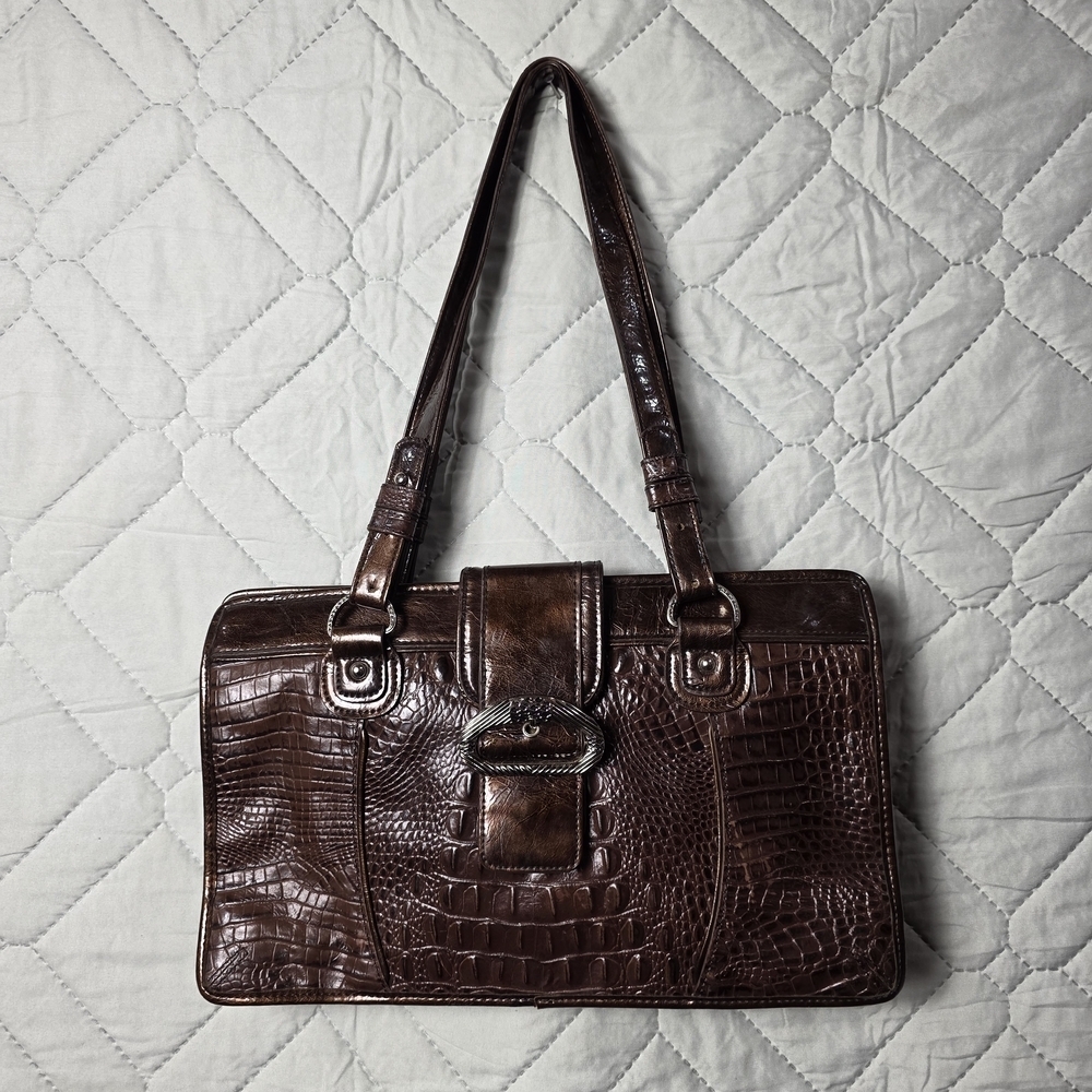M.C. Brown Shoulder Bag Buckle Accent Animal Print
 leather